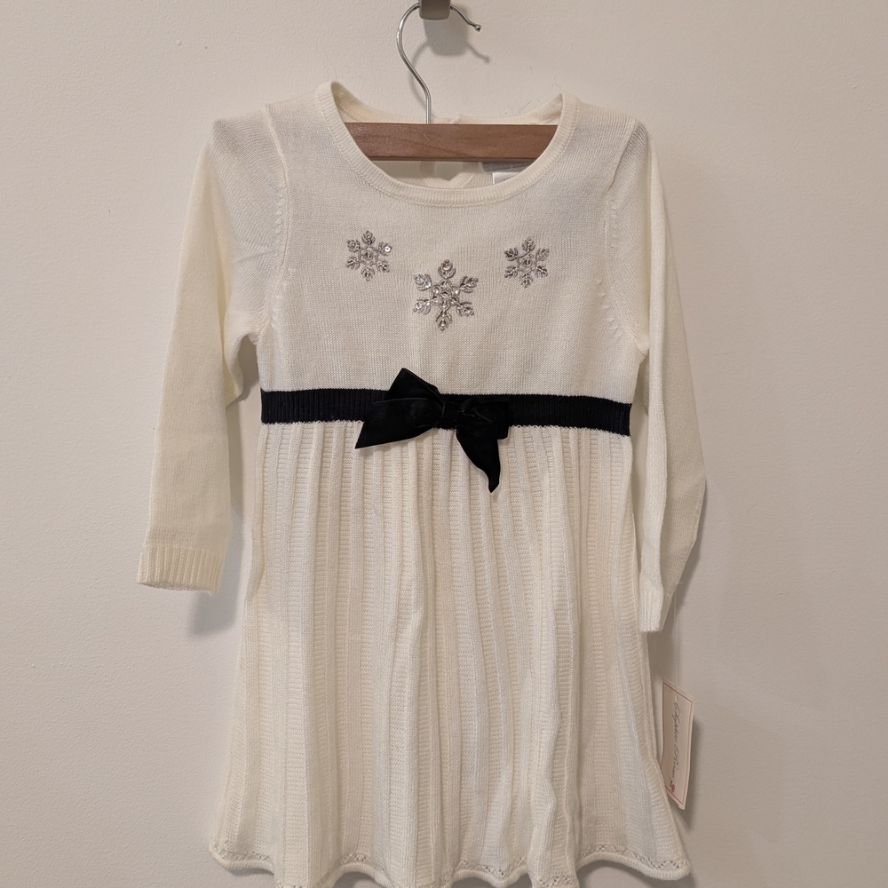 Holiday Snowflake Winter Long sleeve Cream Sweater Dress Black Velvet Bow 24 Mo.